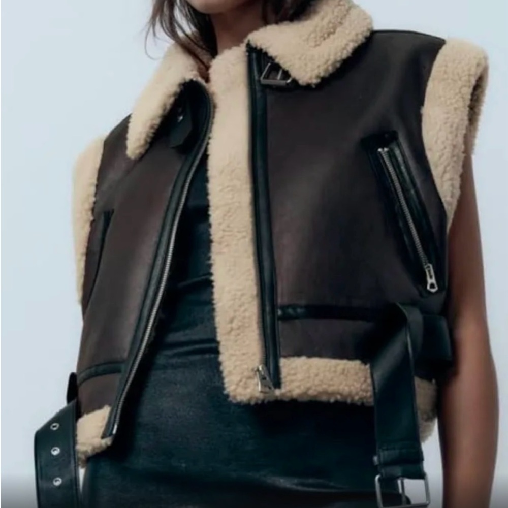 NWT ZARA CROPPED DOUBLE FACED VEST DARK BROWN